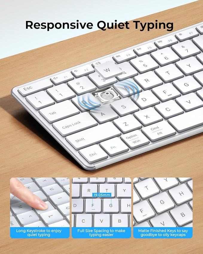 seenda Wireless Bluetooth Keyboard and Mouse Combo, SKM64-3 Rechargeable Slim Quiet Keyboard Mouse, 3 Multi-Device Connection, Compatible for Windows 11/10 PC Laptop Mac MacBook iPad, White Silver