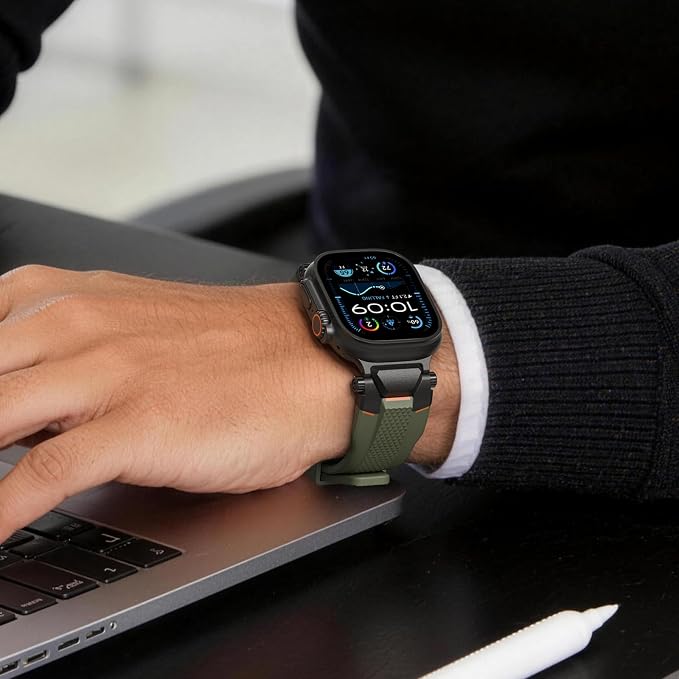 ULTIMAL Rugged Band for Apple Watch Ultra 3/2/1 49mm, Series 11/10/9/8/7/6/5/4 SE 46mm/45mm/44mm, Waterproof, Soft TPU Strap with Stainless Steel Buckle & Connectors, Sweat-Resistant, Easy to Clean, Fits 155-225mm Wrist (Black/green)