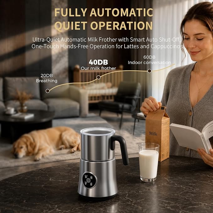Milk Frother and Steamer, Automatic Hot and Cold Foam Maker with Detachable Stainless Steel Jug, 4-in-1 Electric Frother for Latte, Cappuccinos, Macchiato, and Hot Chocolate