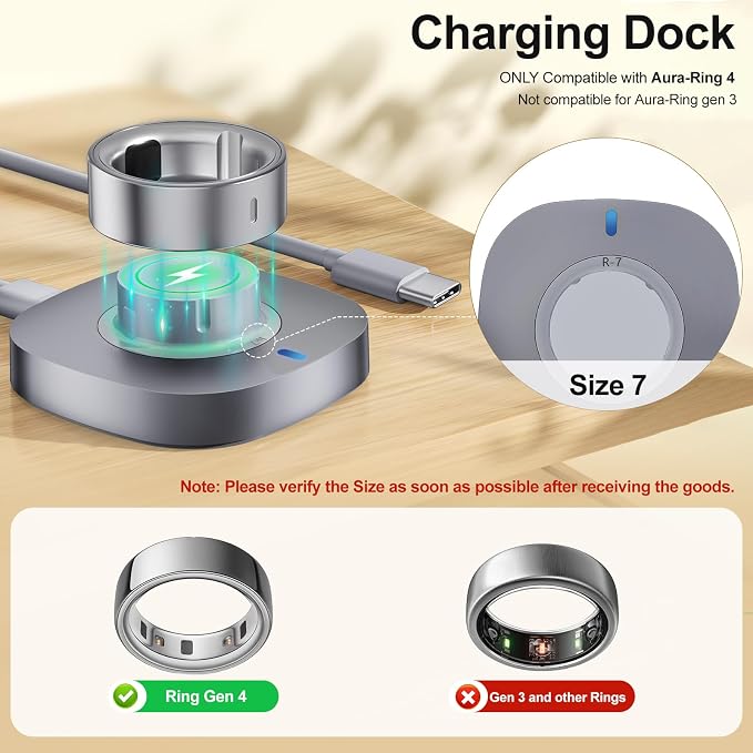 Compatible with Aura-Ring Gen 4 Charger Size 7, Safe & Fast Charging Dock | Replacement Portable Quick Charger with USB-C Cable, Bedside Charging Accessories for Traveling, Sleeping or Daily Life