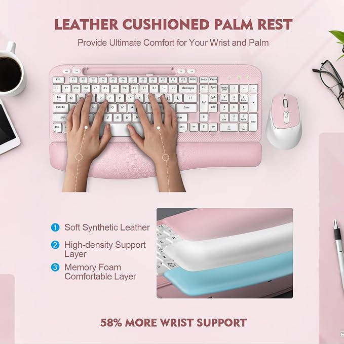 Wireless Keyboard and Mouse Combo, Full-Sized Ergonomic Wave Keys Keyboard with Memory Foam Wrist Rest & Phone Holder, 2.4G Quiet Keyboard Mouse Work Setup for PC Laptop, Office or Home (Pink)