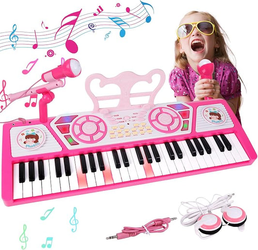 M SANMERSEN Kids Piano Keyboard 49 Keys, Electronic Toy Keyboard Piano with Microphone & Headphone for Beginners Multifunctional Musical Instruments Learning Pianos Keyboards Kid Gifts for Girls, Pink