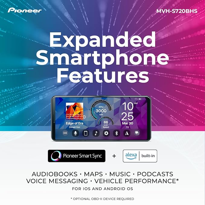 Pioneer MVH-S720BHS 1-Din Digital Media Receiver – Bluetooth, SiriusXM, Color Change, HD Radio, USB, FLAC, Voice Control, 50W x 4 Output, 13-Band EQ, AM/FM Radio, Hi-Volt RCA Preouts