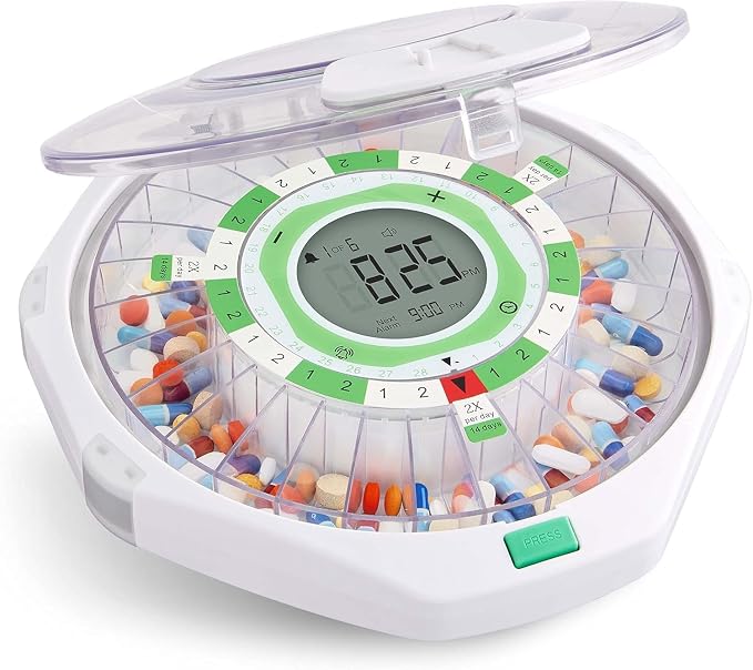 Live Fine 28-Day Automatic Pill Dispenser Clear Lid with Upgraded LCD Display and Key Lock, Sound & Light for Prescriptions, Medication, Vitamins, Supplements & More