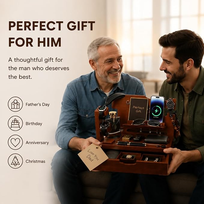 Nightstand Organizer for Men with Large Drawer, Wood Phone Docking Station for Phone, Apple Watch, Wallet & Keys, Ideal Birthday Gift for Father Husband, Bedside Desk Organizer (Walnut)