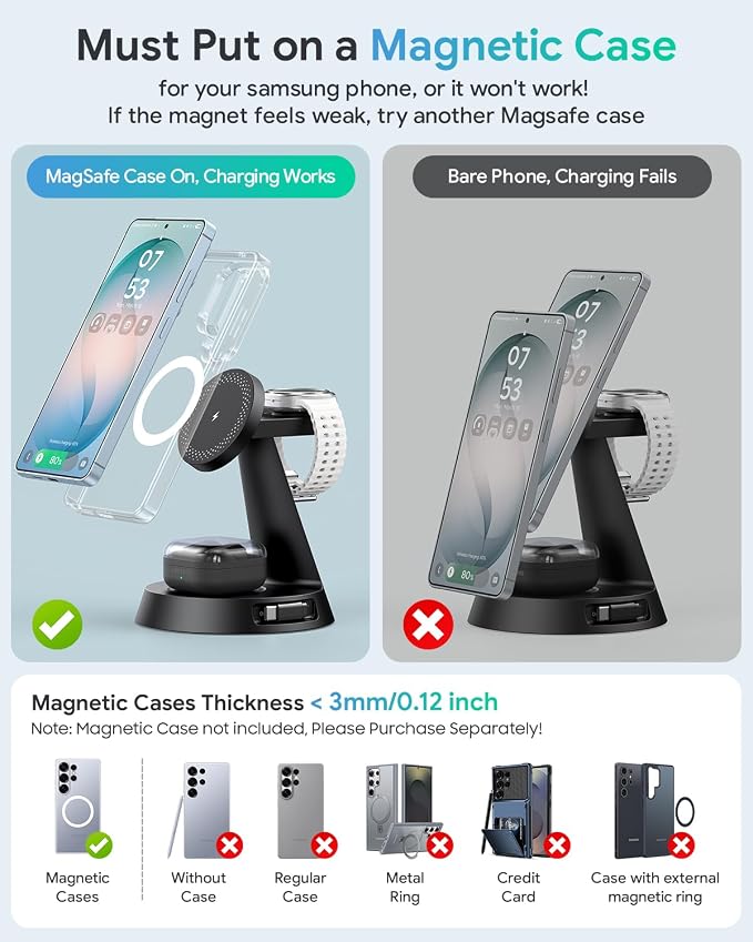 Meifigno 4 in 1 Magnetic Charger for Samsung with 20W Fast Retractable Cable, Wireless Charging Station Designed for MagSafe Charger Stand for Galaxy S26 Ultra Z Fold7/Flip7/Galaxy Watch Ultra 8/Buds