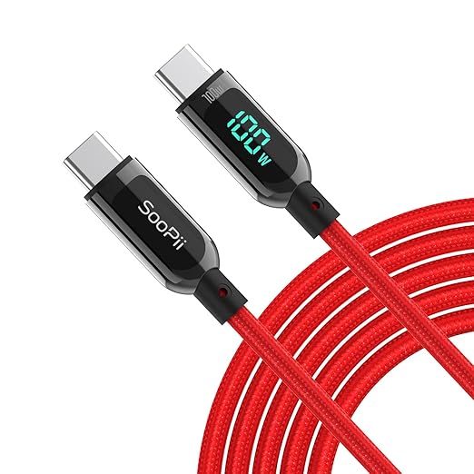 SOOPII 100W 10ft USB C to USB C Cable Fast Charge, Nylon Braided Cable with LED Display for lPhone 15/15 Pro/15 Plus/15 Pro Max,lPad Air,MacBook Pro,Galaxy S24/S23, Pixel, LG (Red)