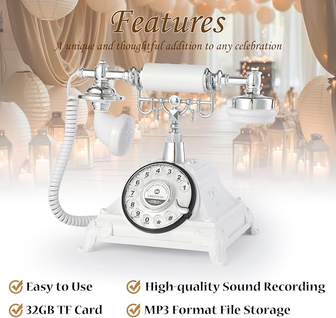 Audio Guest Book Wedding Phone, Audio Guest Book Record Customized Audio Messages Guest Book Alternatives Classic Rotary Phone for Parties Birthdays Rentals Confessions Special Occasions (White)