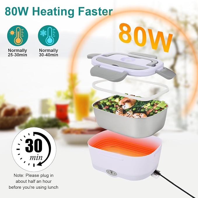 SOHIDA Electric Lunch Box Food Heater, White | 80W, 12V 24V 110V, Portable for Car Truck Work, Removable 304 Stainless Steel Container