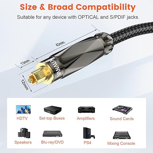 VANAUX Optical Audio Cable, Digital Optic Cord for Soundbar[Cotton Braided,Metal Case,Gold-Plated Plug] Toslink S/PDIF Cable for Home Theater,Sound Bar,TV,PS4 (6ft/2m)