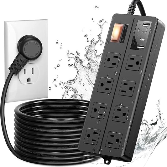 QIYUAN IPX6 Waterproof Outdoor Power Strip, Surge Protector with 8 Wide Outlets & 4 USB Ports(2A 2C), 15FT Extension Cord, Wall Mountable Weatherproof for Garden Patio Holiday Lights - UL Listed Black