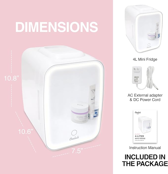 Cooluli Glow 4L Mini Skincare Fridge with Mirror & LED Light - Small Refrigerator for Skin Care, Makeup, Food & Drinks - Portable Mini Fridge for Bedroom & Office, 100-240V, White Mirror LED