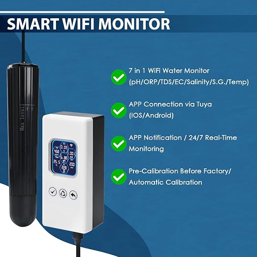 7 in 1 Smart Water Quality Tester, Wireless WiFi Water Monitor Measures pH/ORP/TDS/EC/Salinity/SG/TEMP, Water Quality Meter with App Connection Real-Time Alerts for Aquarium, Saltwater Fish Tank, etc.