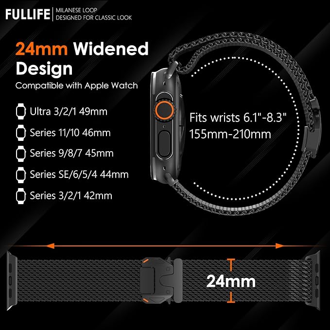 FULLIFE Milanese Mesh Loop for Apple Watch Band Apple Watch Ultra 3/2/1 Band 49mm 46mm 45mm 44mm Men Women, Stainless Steel Metal Band Parachute-style Buckle for iWatch Series 11 10 9 8 7 6 SE3 5 4 3
