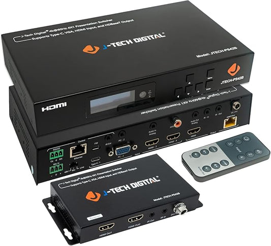 J-Tech Digital Multi Input 4K HDMI VGA USB-C Presentation Switch w/HDBaseT Extension [JTECH-PS42B]