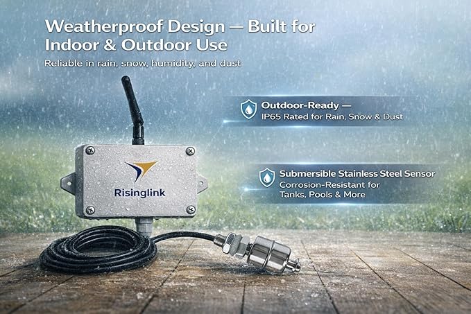 WiFi Water Level Monitor Alarm, High OR Low Water Level Alerts, Text & Email Notifications, Battery Powered, Stainless Steel Float Sensor with 10 ft Cable, Indoor/Outdoor Use