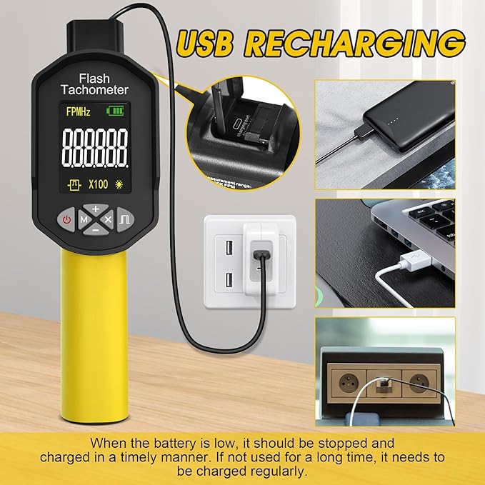 Digital Handheld Stroboscope Measuring 60-100000 RPM/Hz,0.001% Accuracy Non-Contact LED Tachometer Adjustable Strobe Light Timing Engine Speed Analyzer 1500LUX RPM Meter