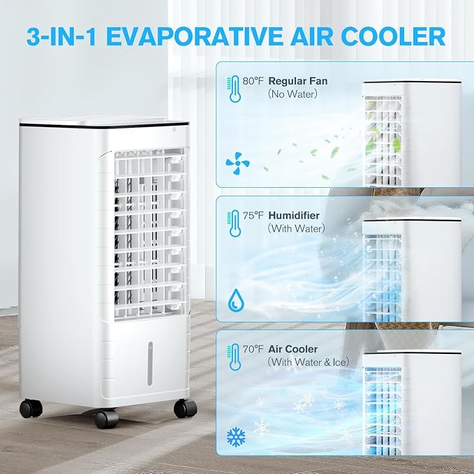 Windowless Portable Air Conditoners, 3-IN-1 Portable AC with Remote, 12H Timer &1.16Gal Tank, 45° Oscillation, 3 Modes 3 Speeds, Fast Cooling Quiet Ventless Swamp Cooler for Room Home Office, Creamy