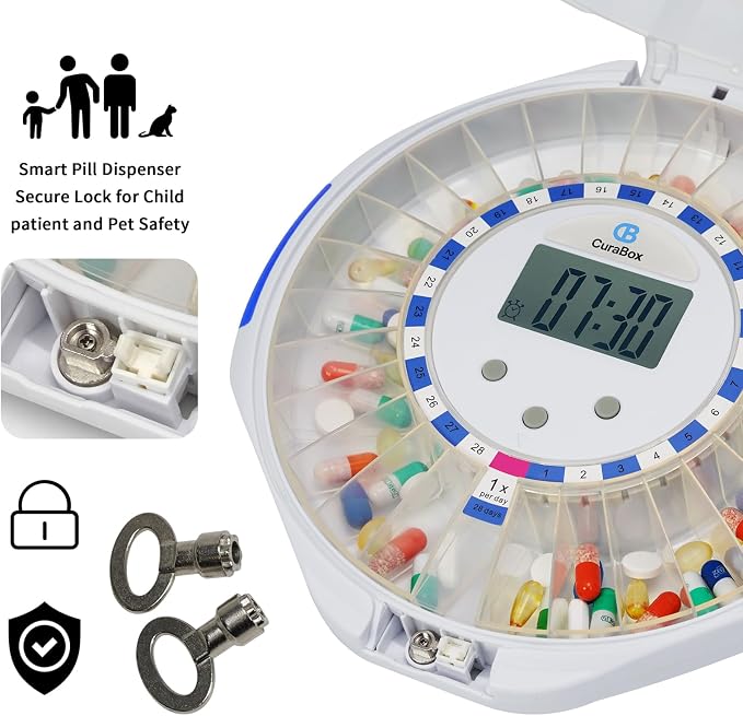 Automatic Pill Dispenser for Elderly with Alarm - 28 Day Smart Pill Box for Alzheimer’s Care, Easy-Read LCD Display, Key Locked, Alarm & Light Reminder for Medication, Vitamins, Supplements