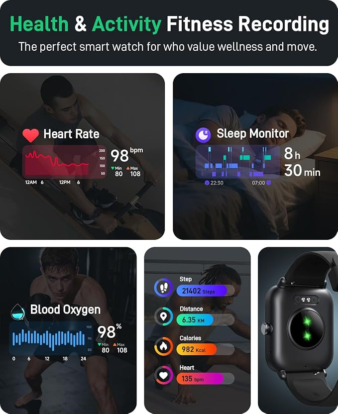 Hingso Smart Watch for Women Men, 1.85" Fitness Tracker for Android/iPhone | Bluetooth Call & Text Alert, Alexa Built-in, 24/7 Heart Rate/SpO2/Sleep/Cycles Monitor, 120+ Sports, IP68 Waterproof, 2 Bands