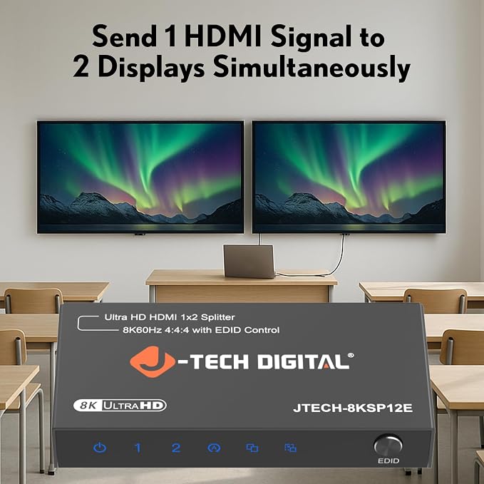 J-Tech Digital 8K HDMI 2.1 Splitter 1 in 2 Out, HDMI 1x2 Splitter 8K@60Hz 4K@120Hz 1080P@240Hz, Duplicate/Mirror Screen 3 EDID Modes with Downscaling [JTECH-8KSP12E]