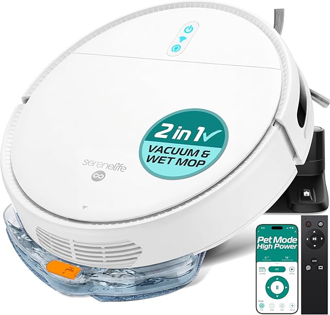 SereneLife Robot Vacuum Cleaner, Automatic Vacuum Robot with App Control, 700Pa Suction, 3 Cleaning Modes, Auto Recharge, Dual Side Brushes, Works on Hard Floors, Low-Pile Carpets, Pet Hair, 11.4"x3"