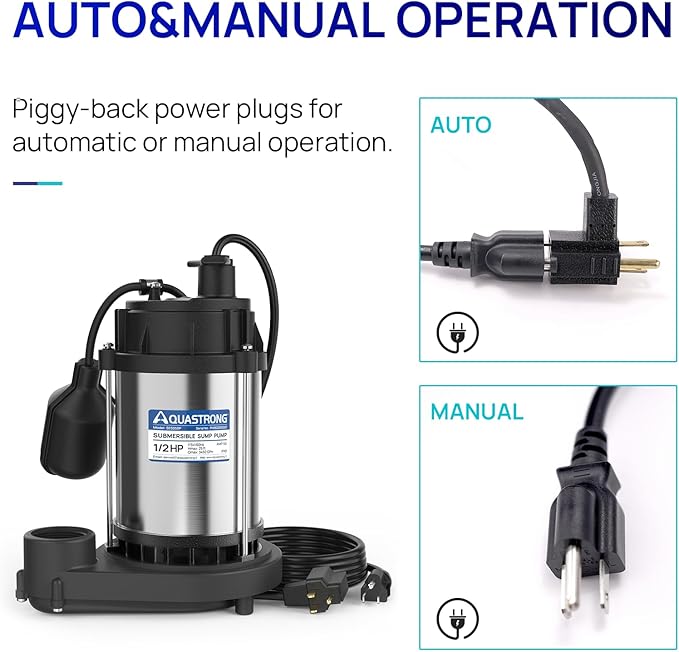 AQUASTRONG 1/2 HP Sump Pump, 3450 GPH Stainless Steel and Thermoplastic Submersible Water Pump, Automatic Float Switch with Piggy-back Plug,1-1/2" NPT Discharge Subpumps for Basement and Flooding Area