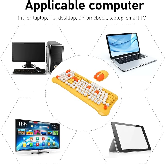 Keyboards and Mouse Combo, 98 Keys, Cute, USB Receiver, Silent Click, 2.4G Full Size, for Smart TVs (Yellow)