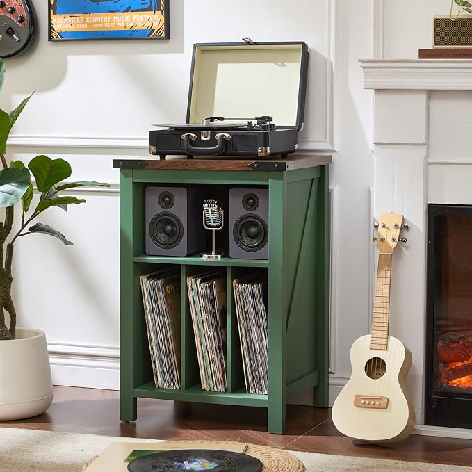 Joaxswe Record Player Stand with Vinyl Record Storage,Green Record Player Table Holds up to 160 Albums,Large Wood Turntable Stand Cabinet Dispaly Shelf for Living Room,Bedroom,Office
