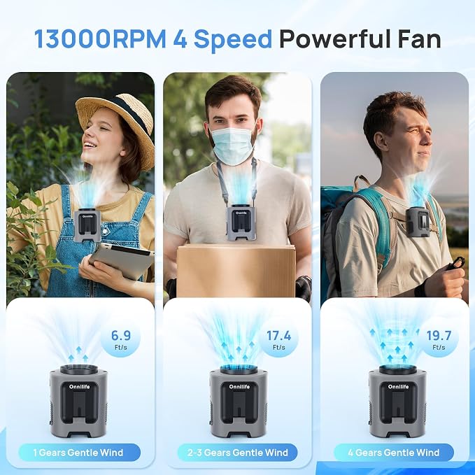Clip-on Wearable Fan with Portable Nack Fan Personal with 4 Speeds 13000RPM Powerful Airflow, Up to 22H Run Time, Ideal for Camping, Outdoor, Jobsite