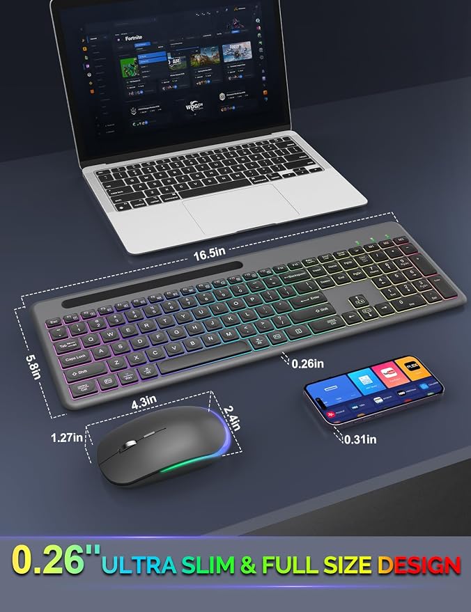 Wireless Keyboard and Mouse, 15 Backlit Effects, Slim Rechargeable Keyboard & Mouse Combo with Phone Holder, Light Up Keys, Lag-Free USB-A & C Cordless Set for PC, Laptop, Windows- by SABLUTE