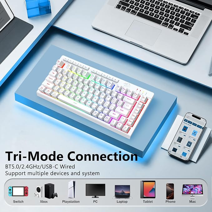 Redragon Wireless Gaming Keyboard, Bluetooth/2.4GHz/USB-C Wired, RGB Backlit, Portable 75% Mini Quiet Macro Membrane Keyboard, Rechargeable 4000mAh Battery, Anti-Ghosting for Win/MAC, White