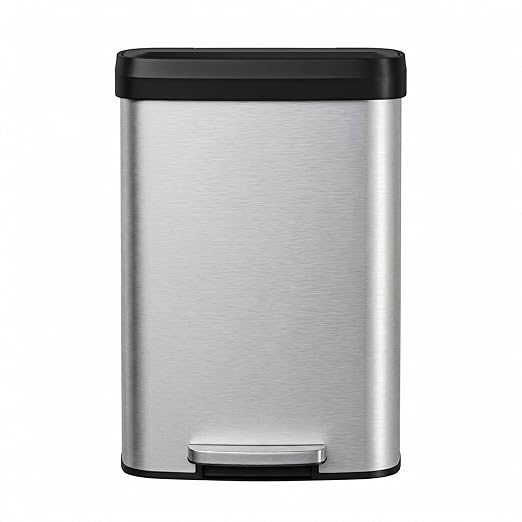 Garvee 13 gal / 50 L Stainless Steel Trash Can with Lid, Large Garbage Can for Kitchen, Rustproof Step-on Kitchen Metal Trash Bin with Liner Rim, Rear Handle, Soft Close Plastic Lid, Silver