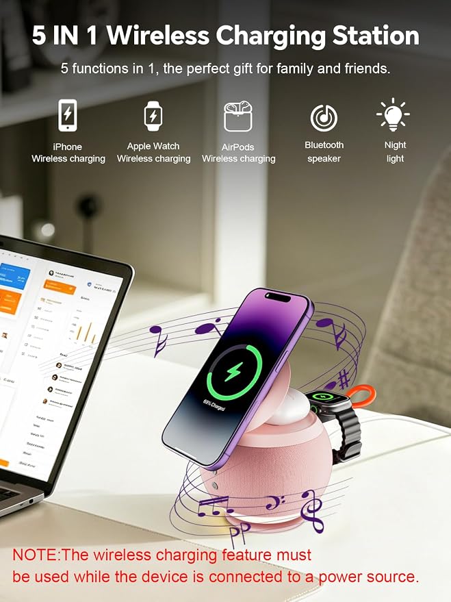 5 in 1 Wireless Charging Station with Bluetooth Speaker and Night Light, Magnetic Fast Charger Stand for iOS Phones, Smartwatch and Wireless Earbuds, Bedside Charging Station, Pink