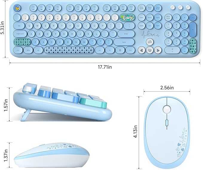 MOFII Wireless Keyboard and Mouse Combo - Pale Blue Full Sized Plug and Play Colorful Computer Keyboards - 104 Keys Round Keycap USB 2.4G Cute Keyboard for Windows/Laptop/Mac/Desktop/PC