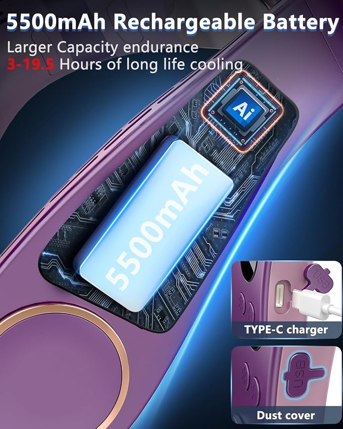 Neck Air Conditioner Portable Rechargeable,5500mah Cooling Neck Fans that Blow Cold Air,Best Cute Cold Piece of Metal Neck Cooler Ac,Noiseless Headphones Personal Cool Unit for Woman Man Kid Purple
