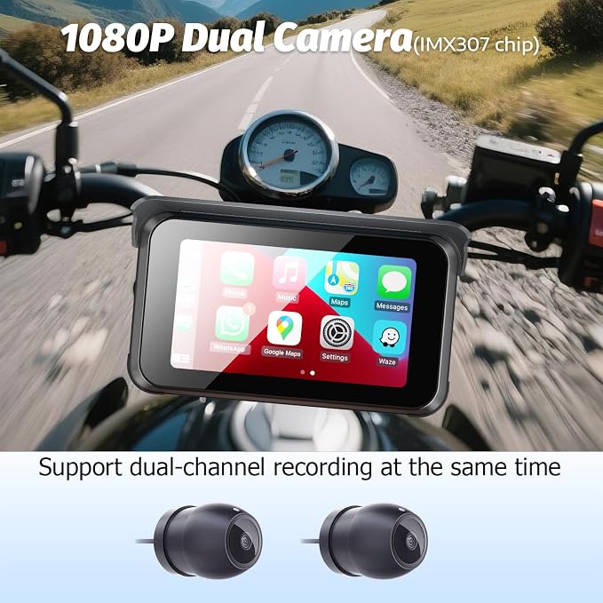 Portable Motorcycle Carplay Screen DVR,Wireless 5 Inch Waterproof Touchscreen Motorcycle TPMS with Dual 1080P Backup Camera,Siri & GPS Navigation,Apple Car Play & Android Auto for Motorbike