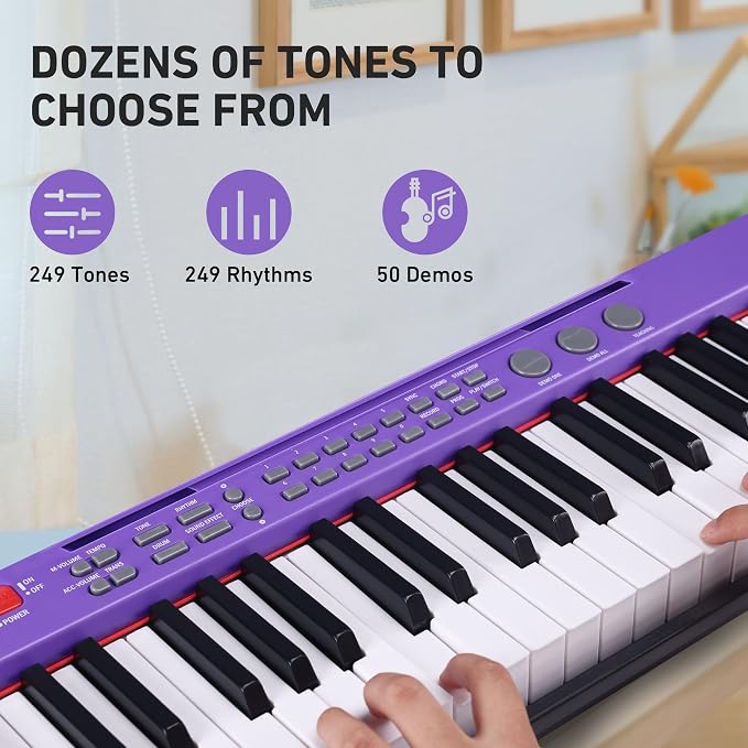Lexington 61 Key Keyboard Piano, Complete Electronic Piano Keyboard Set for Beginners Adults, Portable Music Keyboard with Lighted Keys, Teaching Modes, Stand, Case, Microphone (Purple)
