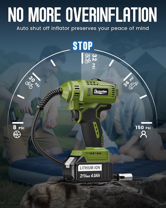 TREE.NB Cordless Tire Inflator Portable Air Compressor with 2 21V Battery Powered Air Pump Portable Tire Inflator for Car 150PSI with Dual Power Supply Modes, LED Light
