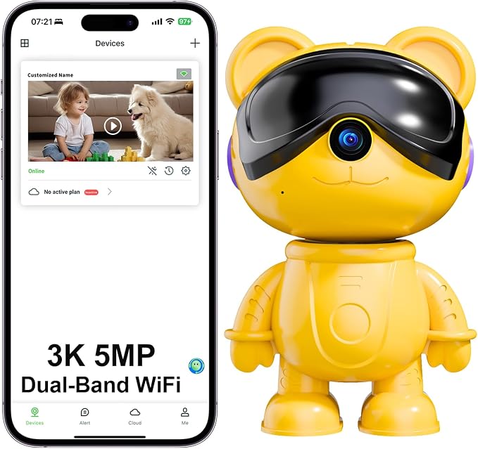 3K 5MP Indoor Security Camera for Home – Cute Bear Baby Monitor & Pet Camera, 2.4/5G WiFi, AI Human & Pet Detection with Auto Tracking, IR Night Vision, RTSP/ONVIF, Works with Alexa & Google
