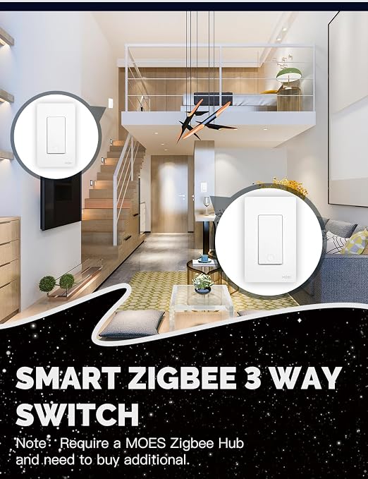 MOES Zigbee 3 Way Light Switch, 1 Gang Smart Wall Switches Single Pole, Require Neutral Wire, Support Remote Control, Compatible with Alexa/Google Assistant