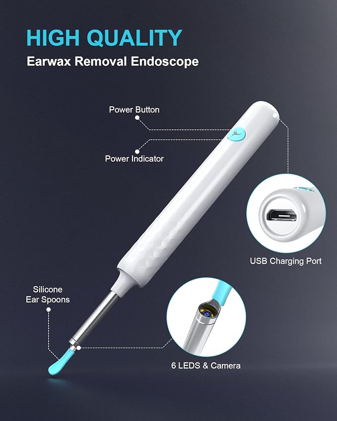 DJROLL Ear Wax Removal Endoscope, Earwax Remover Tool, Ear Camera,1080P FHD Wireless Ear Otoscope with 6 LED Lights,Ear Scope with Ear Wax Cleaner Tool for iPhone, iPad & Android Smart Phones (White)