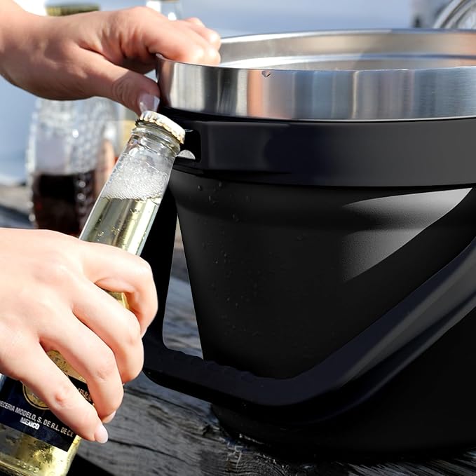 COKTIK 7L Insulated Ice Bucket with Lid，Double Wall Vacuum Stainless Steel Beverage Bucket Keeps Frozen Longer，Holds 6 Longnecks or 3 Bottles of Wine，for Cocktail, Champagne(No Accessories, Black)