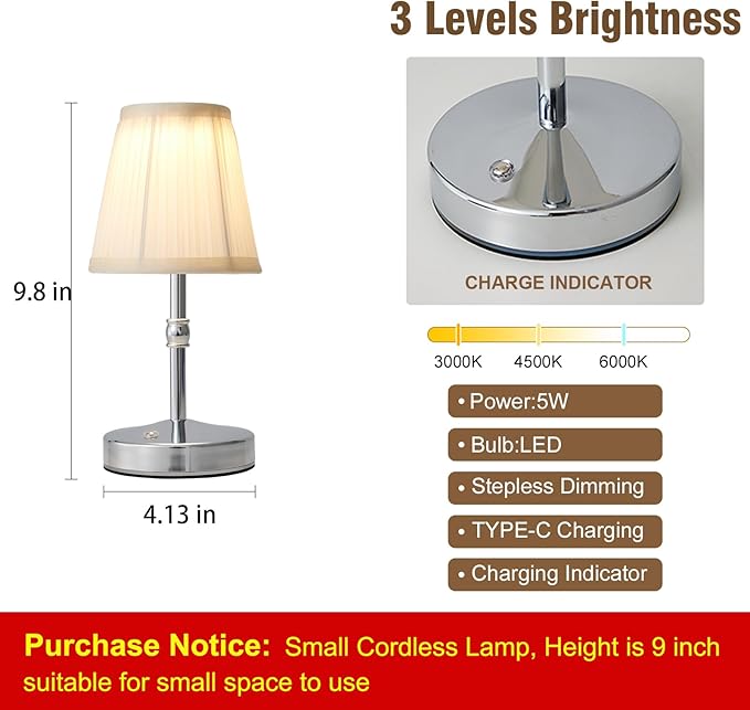 3000 mah Battery lamp,5W LED Small Touch Lamps,3 Color Temperature Dimmable Rechargeable Lamp,Cordless Lamp for Kitchen,Mini Lamps for Small Spaces (Chrome)