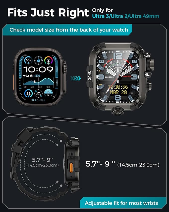 Goton Rugged Case and Band Kit with Screen Protector for Apple Watch 49mm, Compatible with Apple Watch Ultra 3/2/1, Full Body Shockproof Metal+PC Bumper Cover with Soft Band, 49mm Black