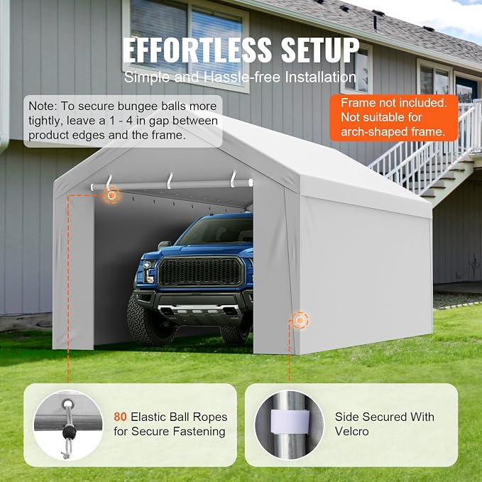 VEVOR Carport Replacement Canopy Cover Top + Side Wall 10 x 20 ft, Garage Tent Shelter Tarp Heavy-Duty Waterproof & UV Protected, Easy Installation with Ball Bungees,Grey (Frame Not Included)
