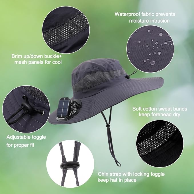 Outdoor Solar Powered Fan Hat for Men Women Breathable Wide Brim Hat with 2 Fans UPF 50+ Fishing Hat Beach Bucket Sun Hat