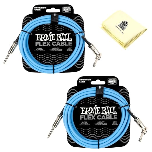 Ernie Ball Flex Instrument Cable Straight/Angle - Pack of 2 with Z Polishing Cloth in Blue - 10 Feet