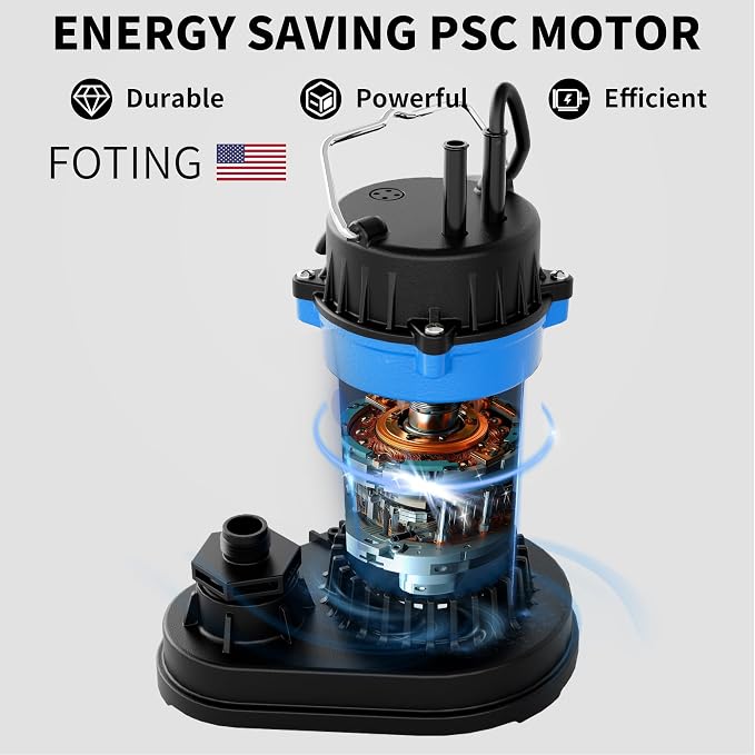 FOTING 3/4HP Submersible Sump Pump,4500 GPH Cast Iron Sewage/Effluent Pump,Automatic Tethered Float Switch,Septic Pump for Basement,Septic Tank,Basin,Sewage Well,1-1/2" NPT Discharge, Blue