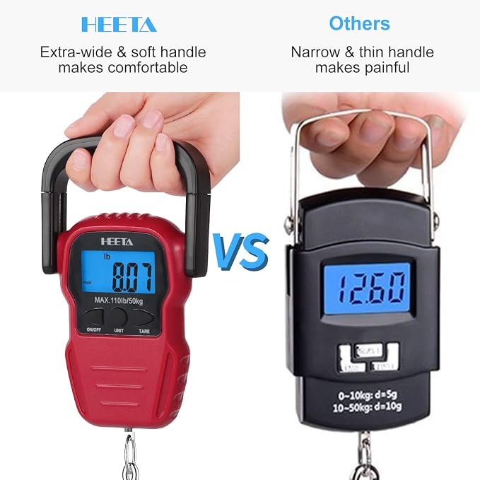 HEETA Fish Scale with Backlit LCD Display, Up to 110lb/50kg Digital Portable Hanging Fish Weight Scale with Hook & Measuring Tape for Home, Farm, Outdoor, Hunting, Fishing, 2 AAA Batteries Included